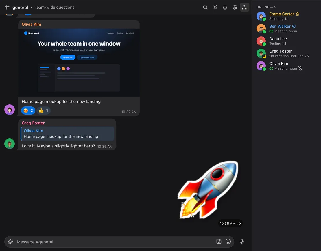 The “general” room: a mockup with reactions, a reply to it, a sticker and the members online