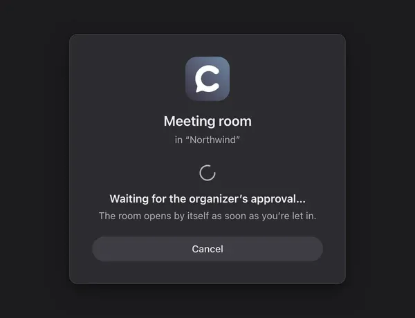The guest’s screen: “Waiting for the organizer’s approval…” with the room name and a “Cancel” button