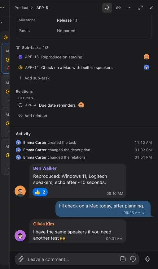The task panel: subtasks, a “blocks” relation, history and chat-like comments