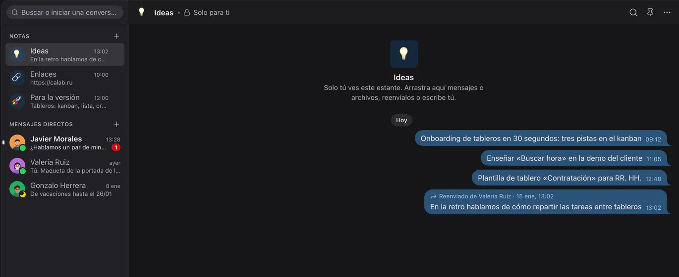 Notas: los estantes «Ideas», «Enlaces» y «Para la versión» y un estante abierto con notas y un mensaje reenviado