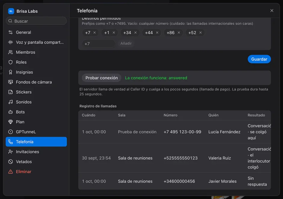 Pestaña Telefonía: el botón Probar conexión con su resultado y el registro de llamadas con números y resultados