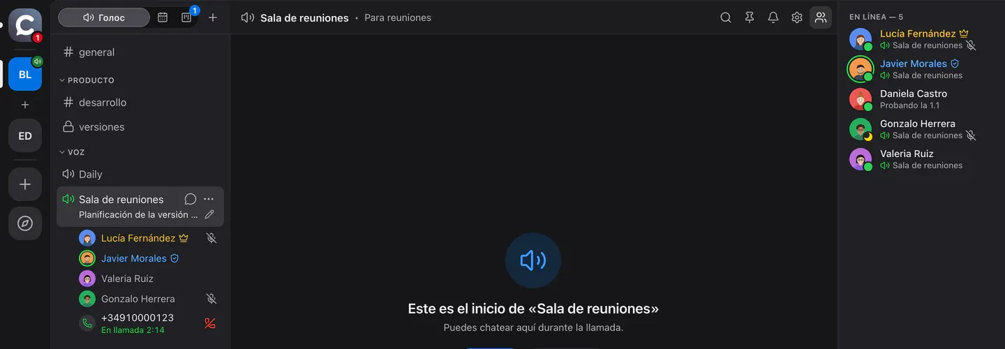 Lista de participantes de la sala de voz: entre las personas, una línea telefónica con icono de auricular, el número y el estado «En llamada 2:14»
