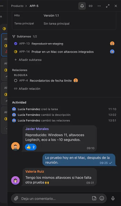 El panel de la tarea: subtareas, una relación «bloquea», historial y comentarios como en el chat
